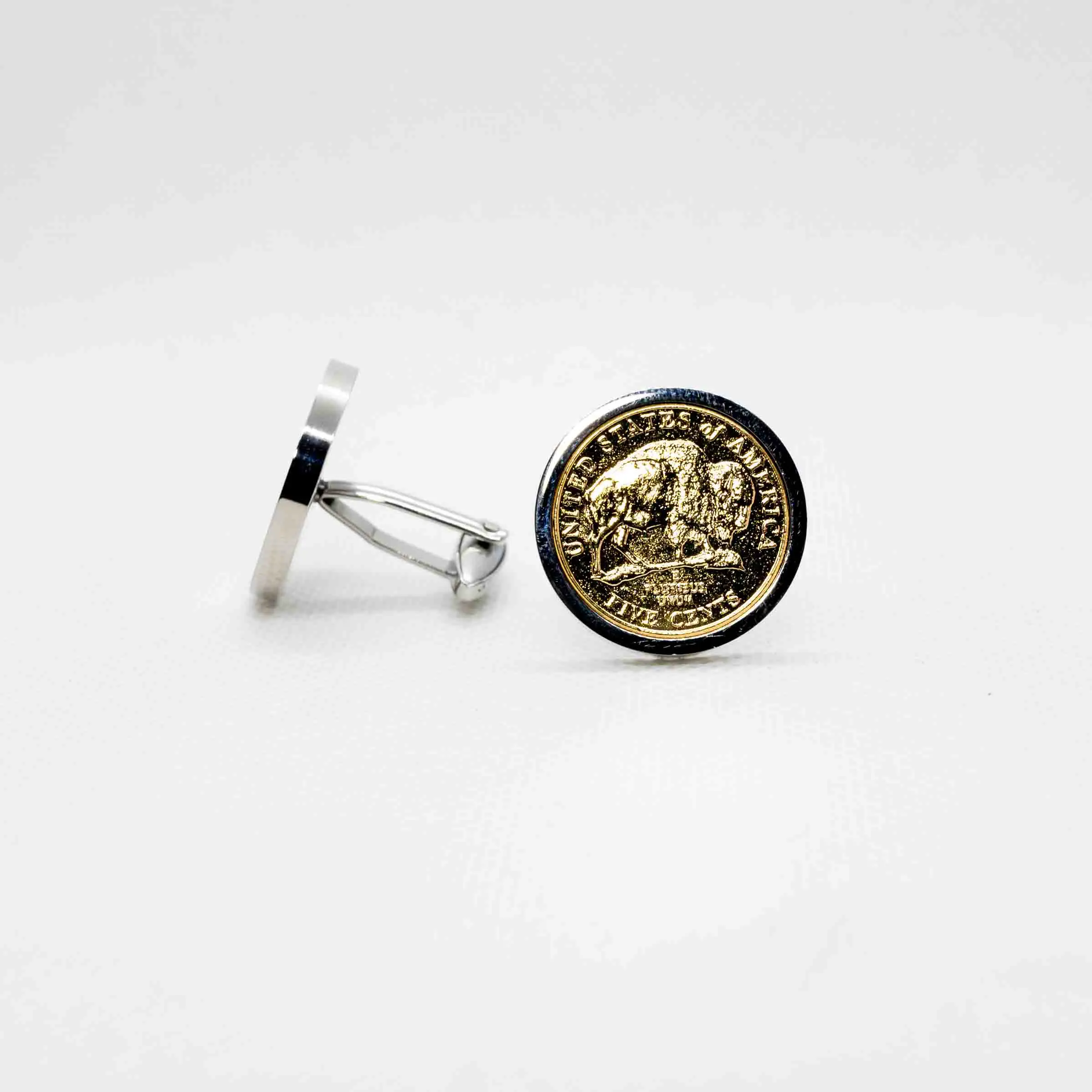 America  24K Gold Plated Buffalo Nickel 5 Cent Coin Cufflink