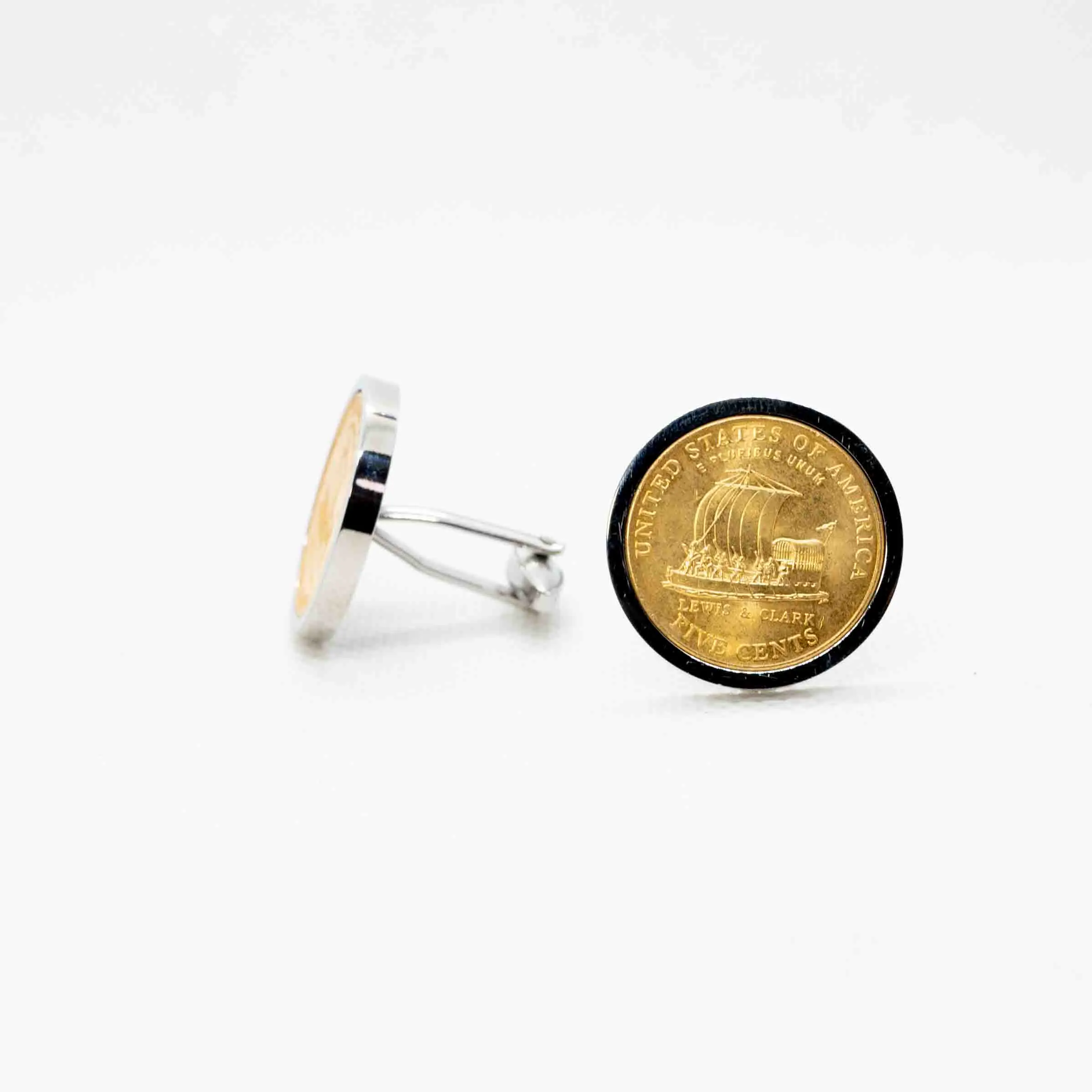 America  24K Gold Plated Jefferson Keelboat  5 Cent Cufflink